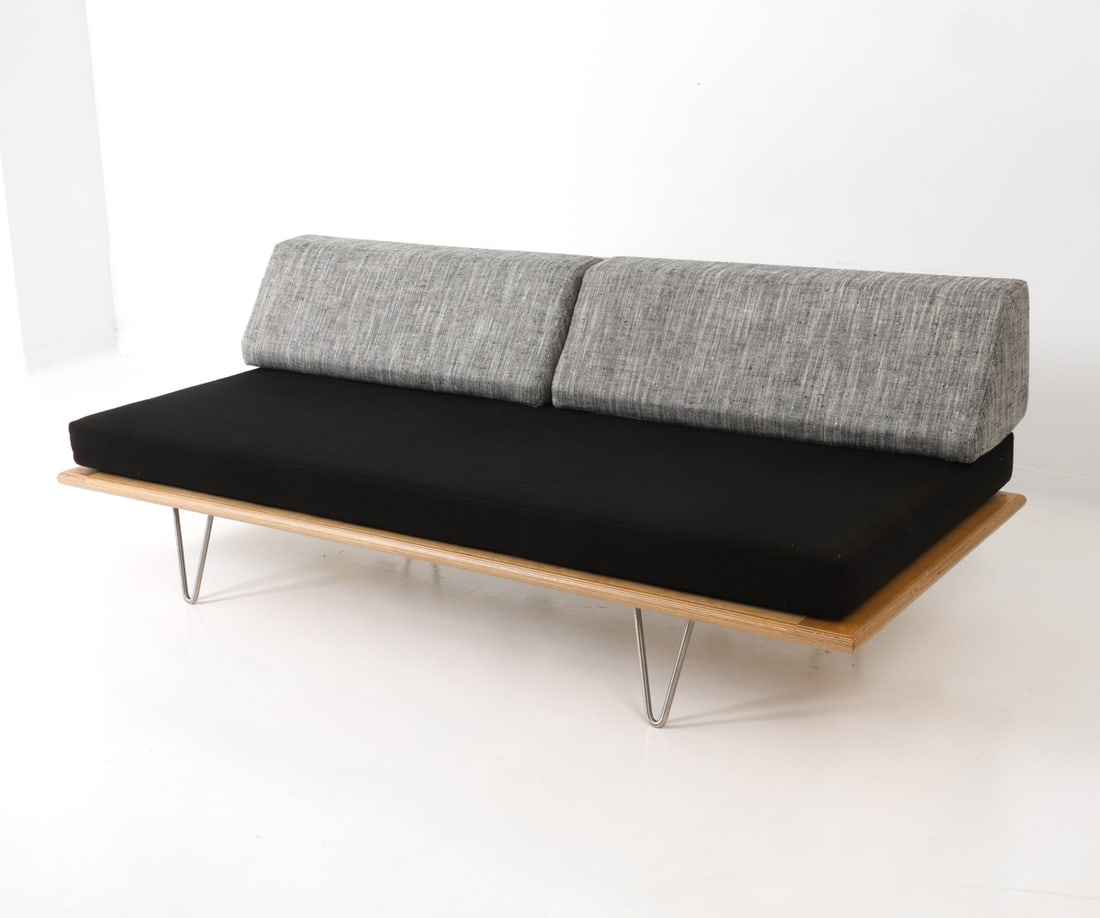 GEORGE NELSON STYLE MODERNICA CASE STUDY DAY BED: After George Nelson & Associates, upholstered V leg daybed. Birch frame and chrome plated steel legs. Circa 2000. Dimensions: H 26.75" x W 76.5" x D 35" x SH 16" Condition: Wear consistent with age an