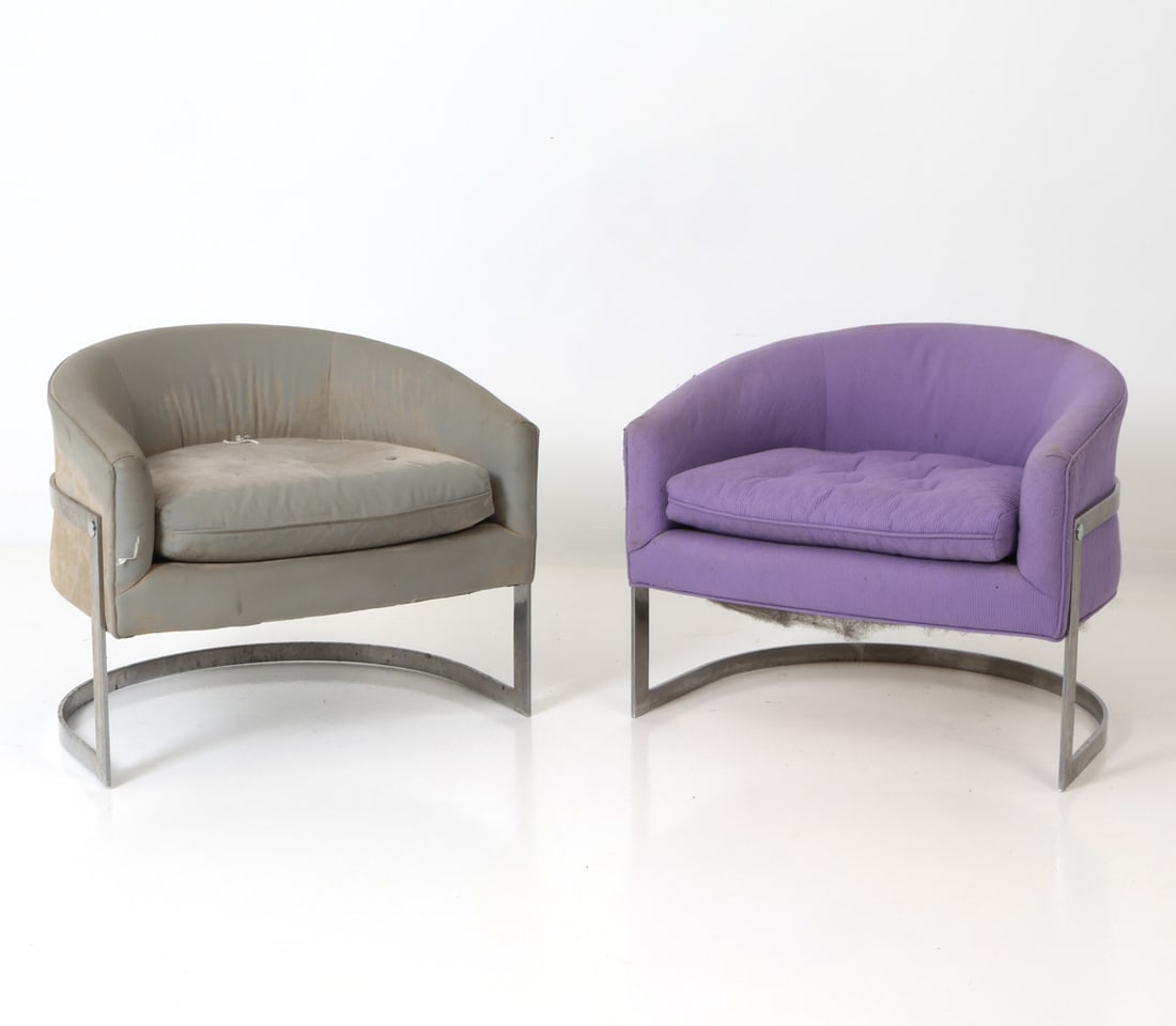(2) MANNER OF MILO BAUGHMAN CLUB CHAIRS C. 1970S: Two lounge chairs in chrome metal frame with grey and purple upholstered seating. Circa 1970s. for restoration and reupholstery Dimensions: H 26.75" x W 31" x D 26.5" x Sh 17.75" Condition: In need