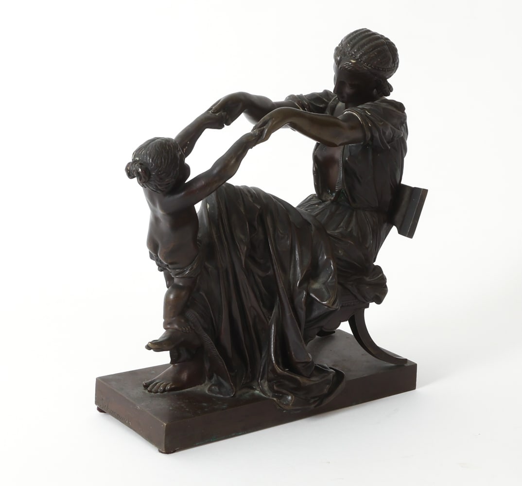 PIERRE ALEXANDRE SCHOENEWERK GERMAN BRONZE STATUE: German bronze figurative sculpture of a mother and child. Signed "Schoenewerk" on underside. Dimensions: H 9.75" x W 8.5" x D 4.25" Condition: Wear consistent with age and use including minor rubs and
