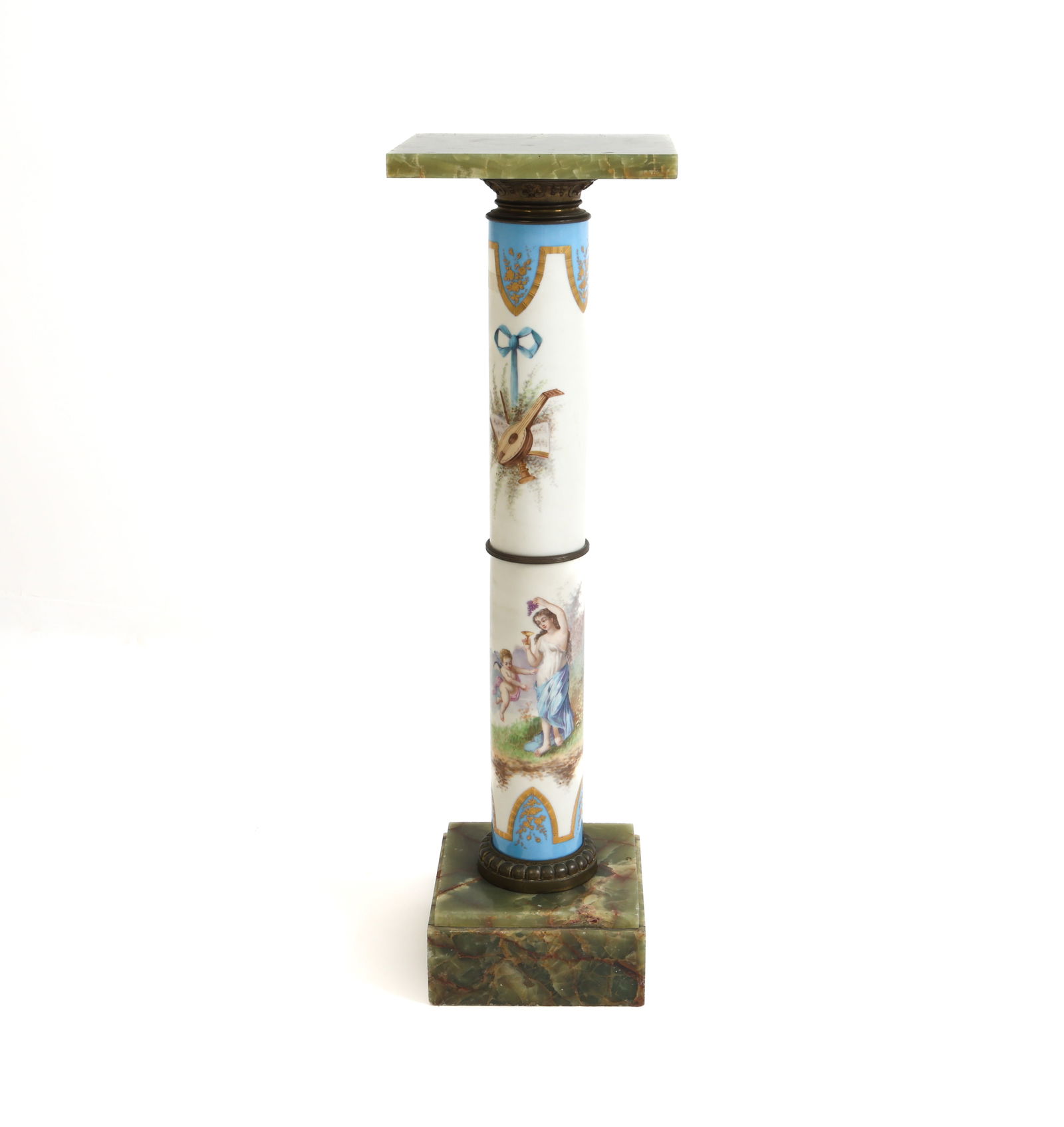 19 C. FRENCH ONYX AND PAINTED PORCELAIN PEDESTAL: Segmented porcelain columns with hand painted scenes and onyx base and top. Dimensions: H 39.75" x W 11.75" x D 11.75" Conditions: Wear consistent with age and use including minor rubs and dings to ed