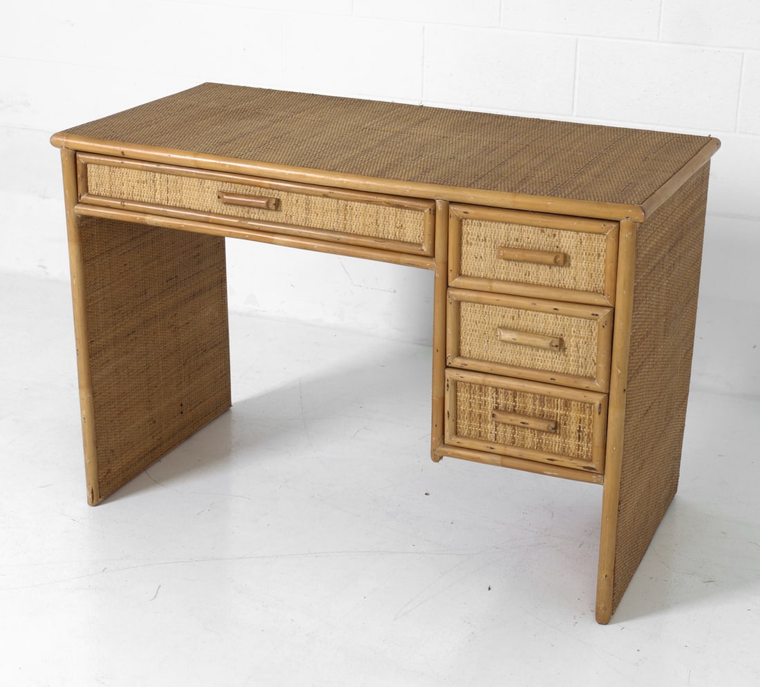 DAL VERA STYLE ITALIAN BAMBOO & RATTAN DESK 1970S: Bamboo and rattan frame. one horizontal drawer and three stacked drawers. Italy, circa 1970s. Dimensions: H 30.25" x W 40.75" x D 23" Condition: Wear consistent with age and use. Scuffs, rubs,