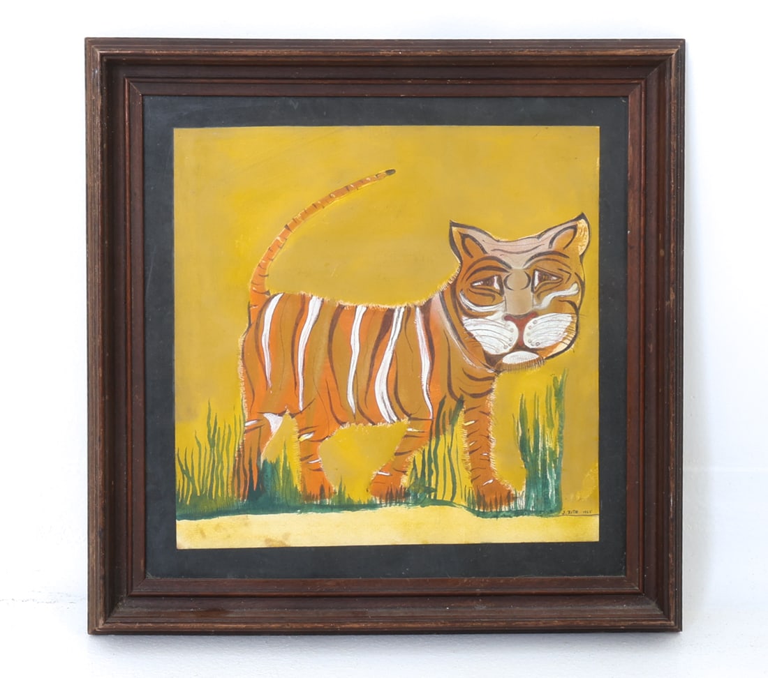 J. ZITO "TIGER" FOLK ART PASTEL 1965: Nive art/folk art, depicting a tiger in the jungle. Pastel on paper. Signed, dated 1965 lower right. Dimensions: H 15.5" x W 15.5" x (Sight) H 11" x W 11" Condition: Wear consistent with age and