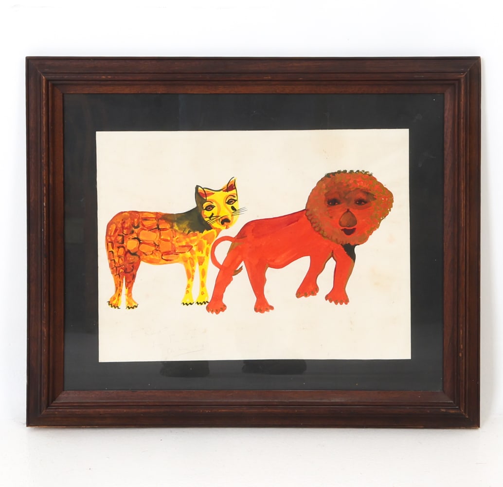 J. ZITO LEOPARD AND LION WATERCOLOR 1964: Naive art depicting two wild felines. Signed " For Robert, From Zito Christmas 1964". Pastel on paper. Dimensions: H 19.25" x W 23.5" x (Sight) H 12" x W 16" Condition: Wear consistent with age and