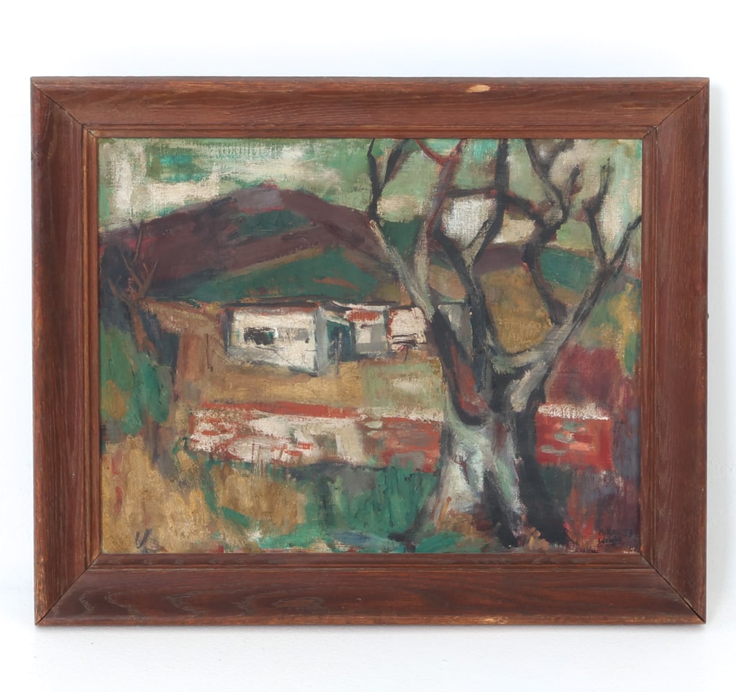 MILTON WRIGHT ABSTRACT LANDSCAPE O/C PAINTING: Abstract landscape with trees and houses. Signed, dated '53 to bottom right corner. Oil on canvas. Dimensions: H 17.75" x W 21.5" x (Sight) H 14" x W 18" Condition: Wear consistent with age and
