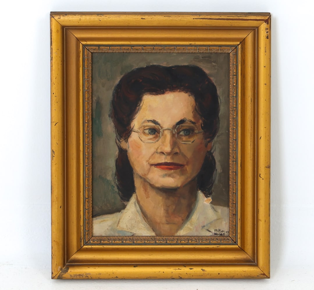 MILTON WRIGHT O/B PORTRAIT 1947: Portrait off a woman with glasses. Oil on board. Signed, dated '47 bottom right corner. Dimensions: H 16.25" x W 13.25" x (Sight) H 12" x W 9" Condition: Wear consistent with age and display