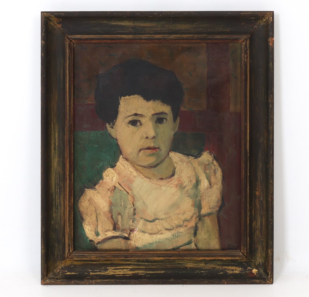 MILTON WRIGHT PORTRAIT O/C PAINTING 1950: Portrait of a young girl. Signed & dated 50' lower right. Oil on canvas. Dimensions: H 25.25" x W "21.25 x (Sight) H 20" x W 16" Condition: Wear consistent with age and display including dings and