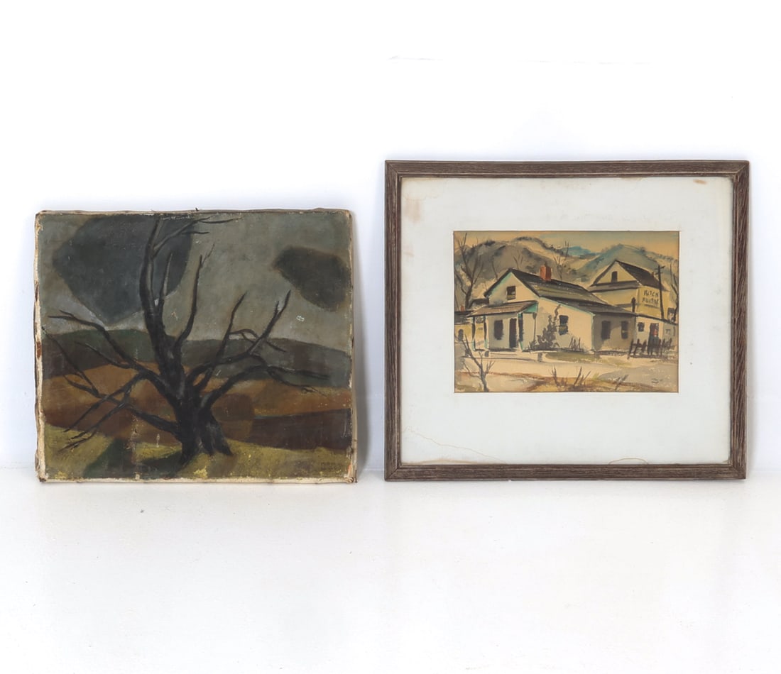 (2) MILTON WRIGHT O/C AND WATERCOLOR PAINTING: Two painting depicting landscape with tree and houses. Both paintings signed and dated. Signed, dated 45" to bottom right corner(Frame Art). Signed, dated 48"(Unframed Canvas). Dimensions: H 16.75" x