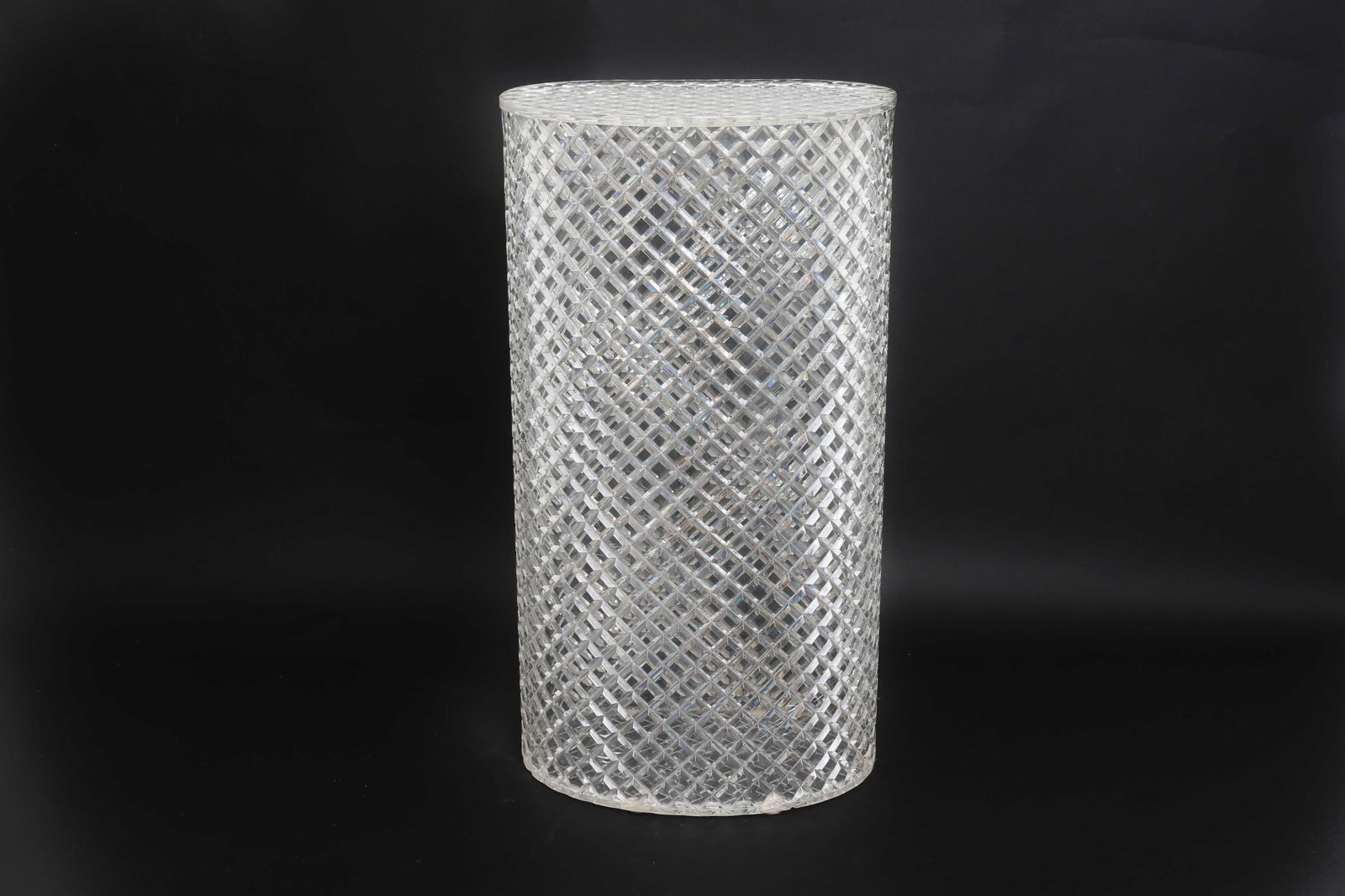 HOLLYWOOD REGENCY LUCITE LAUNDRY HAMPER: with cut diamond pattern to the surface. Dimensions: H 25" x W 13.25" x D 9.25" Condition: Wear consistent with age and use including minor dings and rubs.