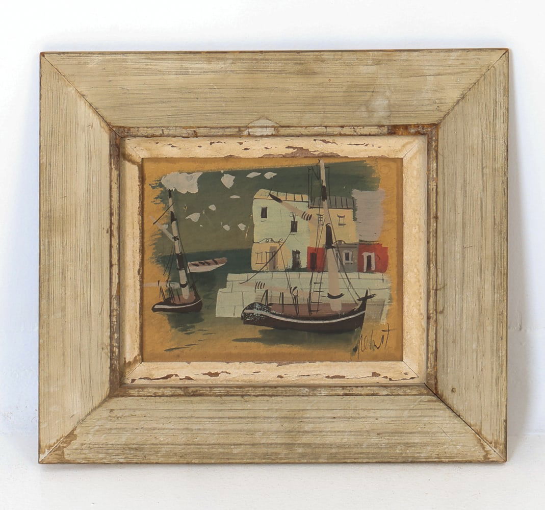 CHARLES DE MONTFORT DOCK SCENE: Abstract painting of a dock with boats. Signed lower right. Dimensions: H 15.5" x W 17.25" x (Sight) H 9.5" x W 11.5" Condition: Wear consistent with age, including minor dings, rubs, buckling to