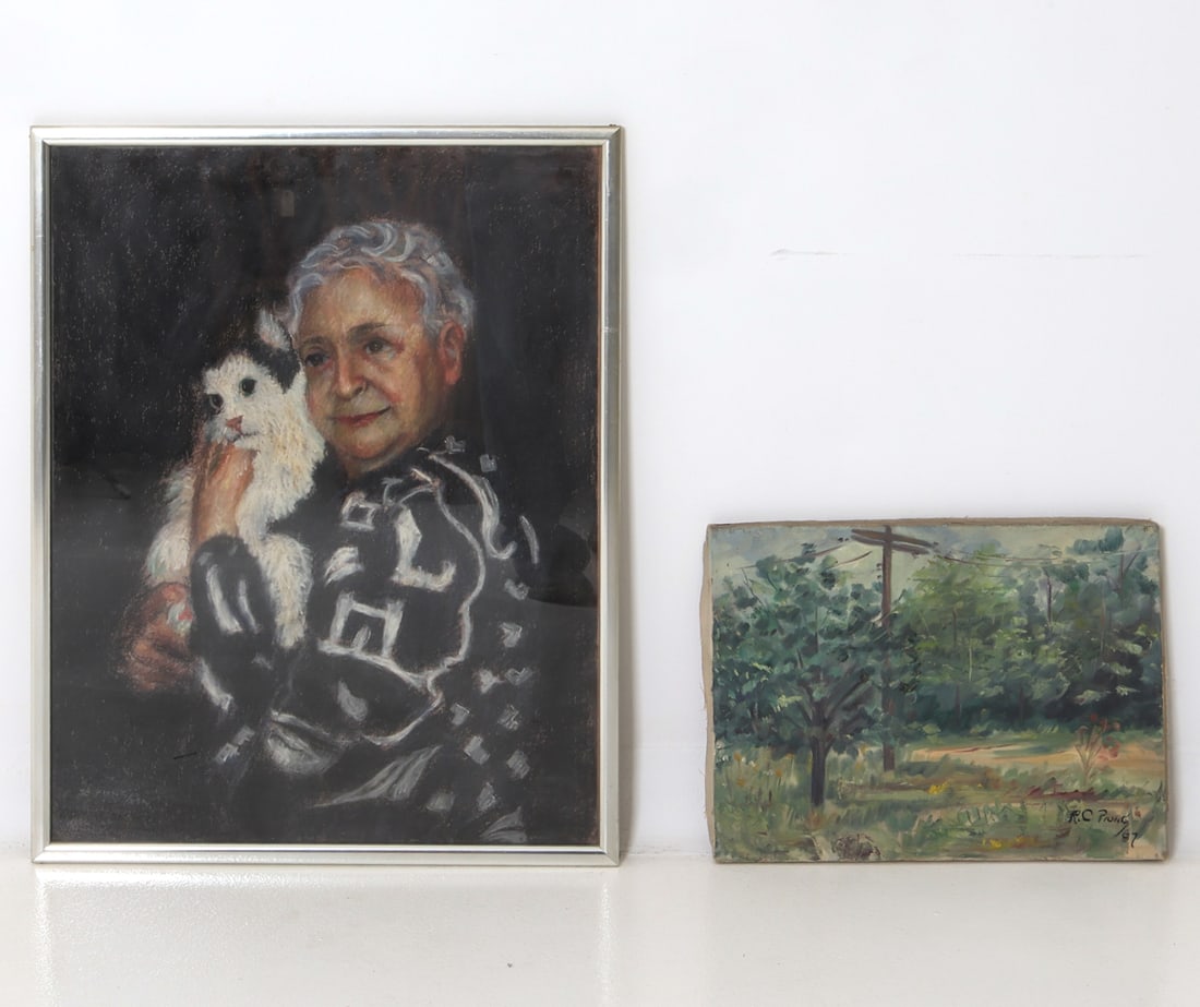 (2) R. C PIONK PAINTINGS: Pastel portrait off an old lady with cat. Acrylic paint on canvas landscape. Both signed lower margin. Dimensions: (Largest) H 26.5" x W 21" x (Sight) H 25.5" x W 20" Condition: Wear consistent with a