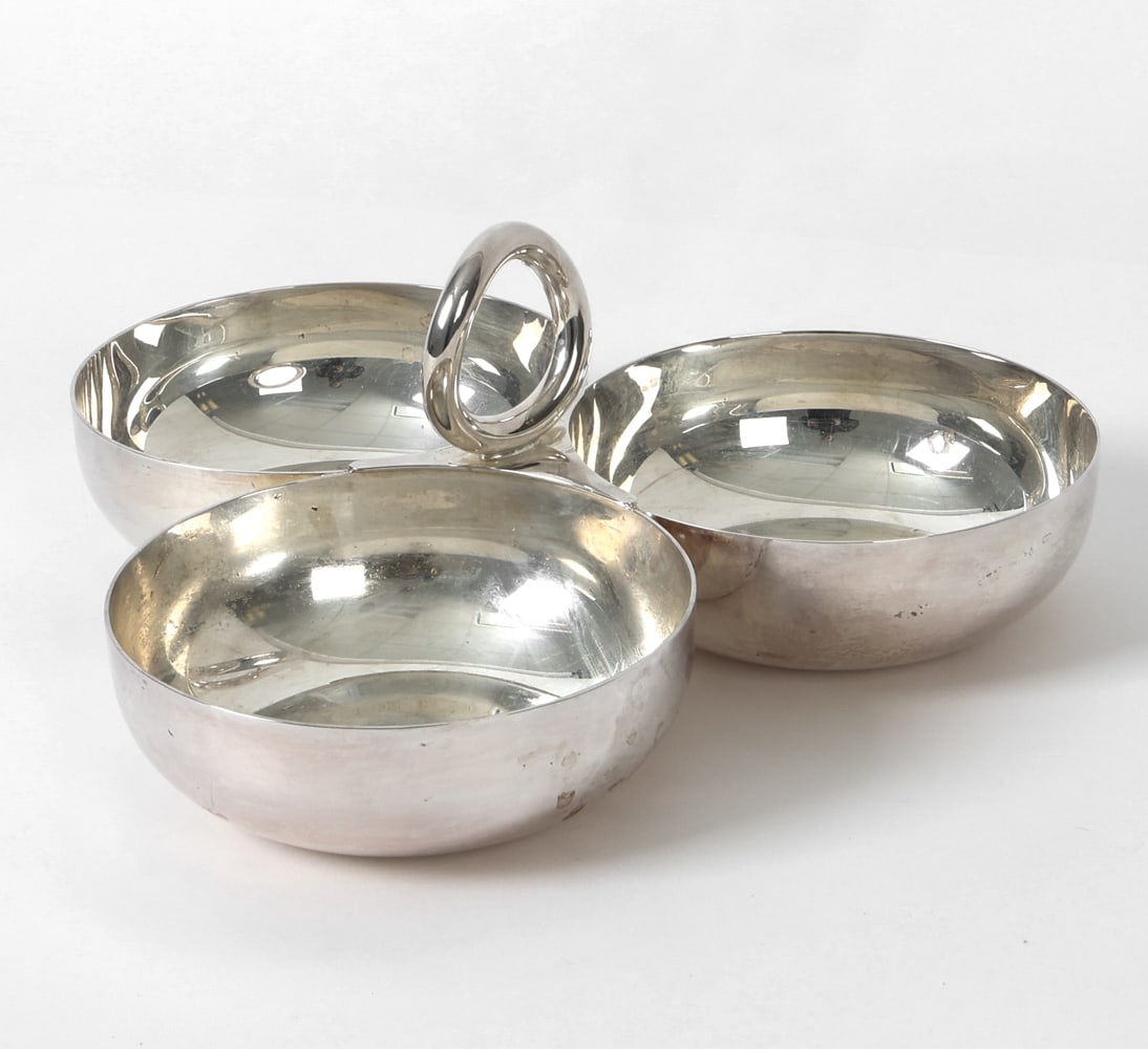 CHRISTOFLE VERTIGO THREE BOWL SERVING DISH: Silverplate Dimensions: H 4" x W 9" x D 8.5" Condition: Wear consistent with age and use including minor dings and rubs..
