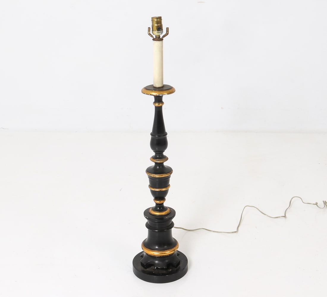 BLACK LACQUERED & GILT CANDLESTICK LAMP 1940'S: Dimensions: H 34.5" x Dia. 7.5" Condition: Not Tested, Wear consistent with age and use including minor dings and rubs.