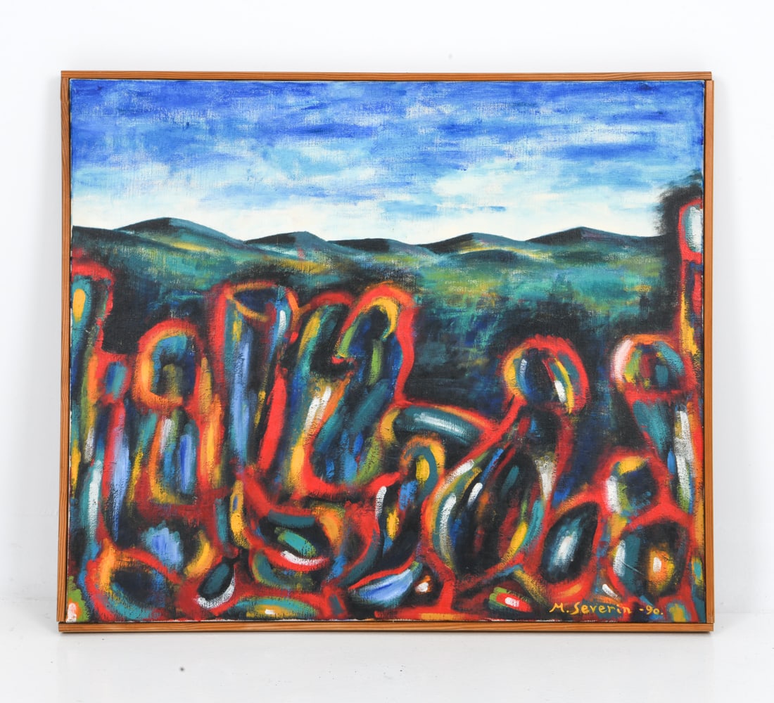 ABSTRACT EXPRESSIONIST LANDSCAPE O/C PAINTING: Abstract painting with mountains. Signed "M. Severin" and dated '90 lower right. Oil on canvas. Dimensions: (Frame) H 24.5" x W 28.5" (Canvas) H 23.5" x W 27.5" Condition: Few minor nicks to frame.