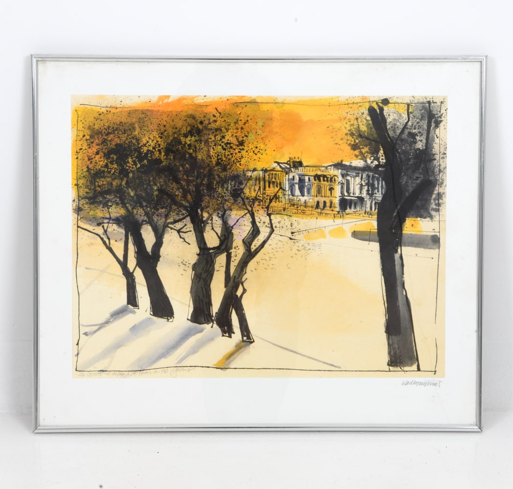 ABSTRACT WINTER SCENE LITHOGRAPH: Lithograph depicting winter with trees and buildings in the back. Indistinctly signed lower right and titled lower left. Dimensions: L 20" x W 24" (Sight L 15" x W 19.5" ) Condition: Light surface