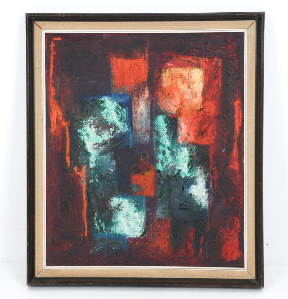 DANISH ABSTRACT O/C PAINTING: Apparently unsigned. Oil on canvas. Dimensions: (Frame) H 29" x W 25.5" x (Canvas) H 25.75" x W 22.25" Condition: Scuffs and nicks to frame. Minor loss to canvas. Craquelure.
