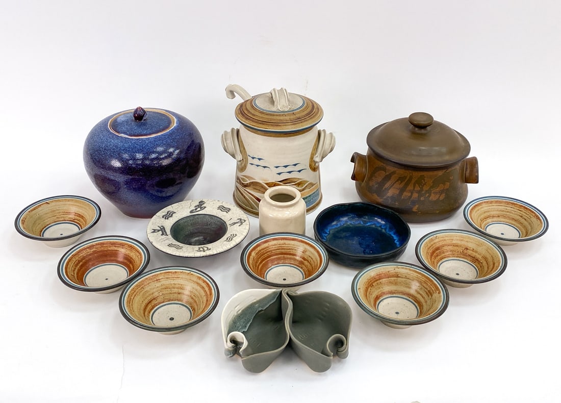 GROUPING OF STUDIO POTTERY 20TH C.: Grouping includes a Raku fired bowl for the National Life Presidents Club circa 2000, (7) bowls indistinctly signed on underside, Hilborn leaf form dish, and other unsigned stoneware pottery.