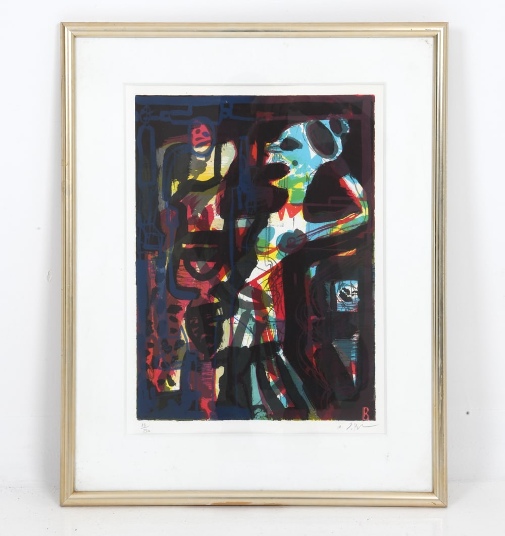 JENS BIRKEMOSE (DANISH, 1943-2022) LITHOGRAPH: Abstract lithograph titled "Composition", editioned 83/250, and hand signed in pencil lower right corner. Dimensions: (Frame) H 25.5" x W 20.5" (Sight) H 18.5" x W 13.5" Condition: Marks and rubs to