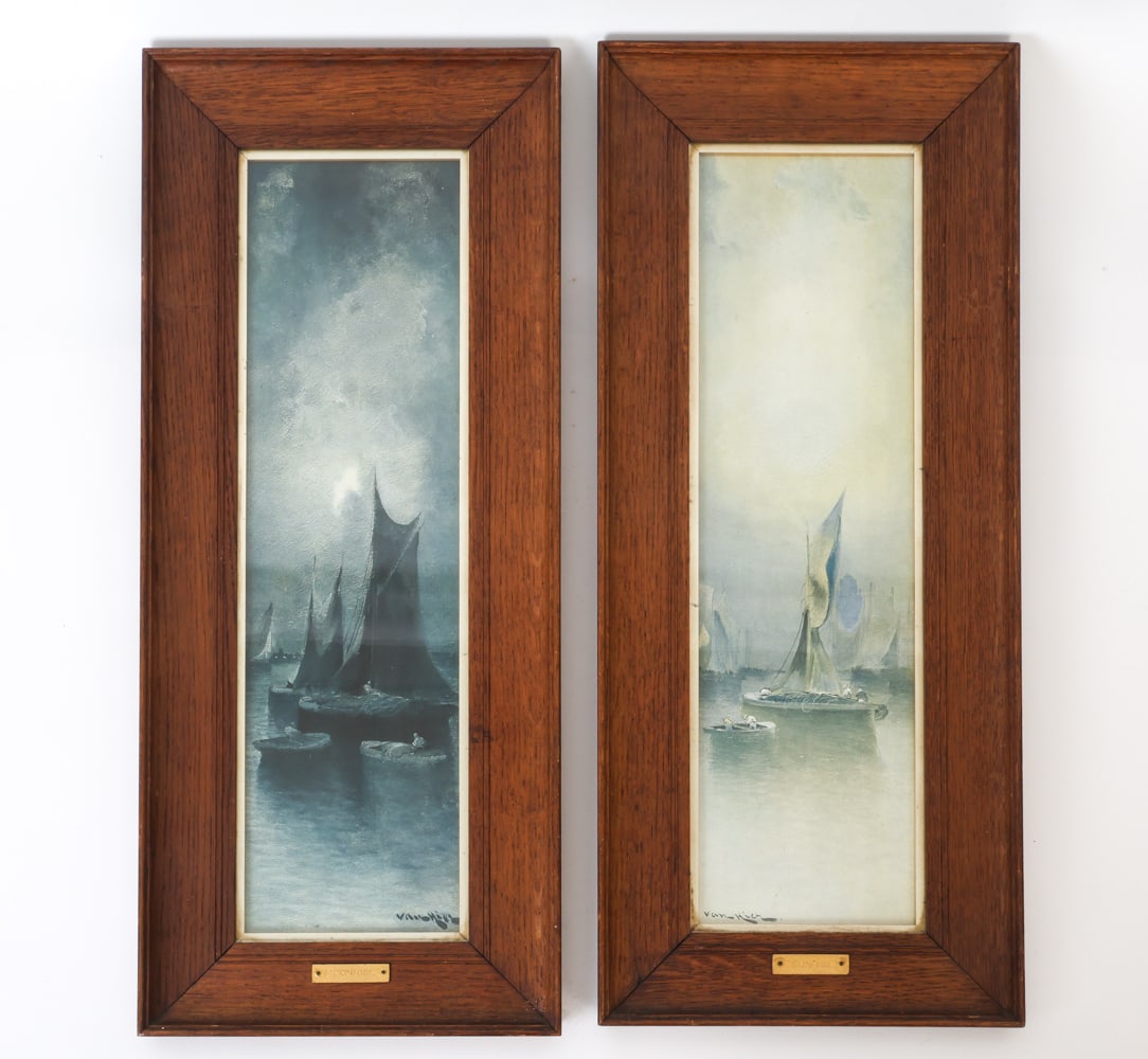 VAN HIER DUTCH SUNRISE & MOONRISE PRINTS C. 1970S: Oak frames each with a plaque saying moonrise and sunrise. Prints feature the same boat in the water at different times in the day. Both with printed signature in lower margins. Dimensions: H 30.5" x