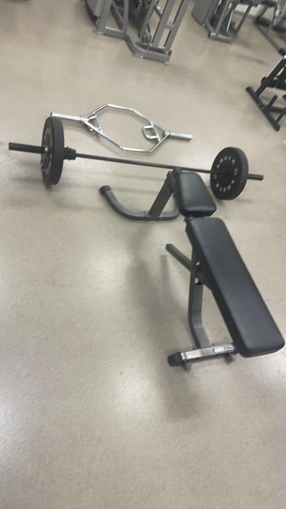 GYM BENCH W/ HEX & OLYMPIC BAR GROUPING: Includes two 45LBS plates. Dimensions: H 23.25" x W 28.5" x D 64.25" Condition: Wear consistent with age and use.