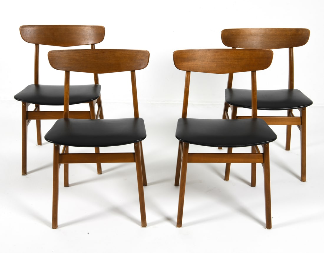 (4) FARSTRUP DANISH TEAK DINING CHAIRS C. 1960S: Teak frames with black vinyl leather upholstery. Apparently untagged. Denmark, circa 1960s. Dimensions: H 30" x W 18" x D 15.5" x SH 17.5". Condition: Scuffs and scratches to wood, few scuffs to seats
