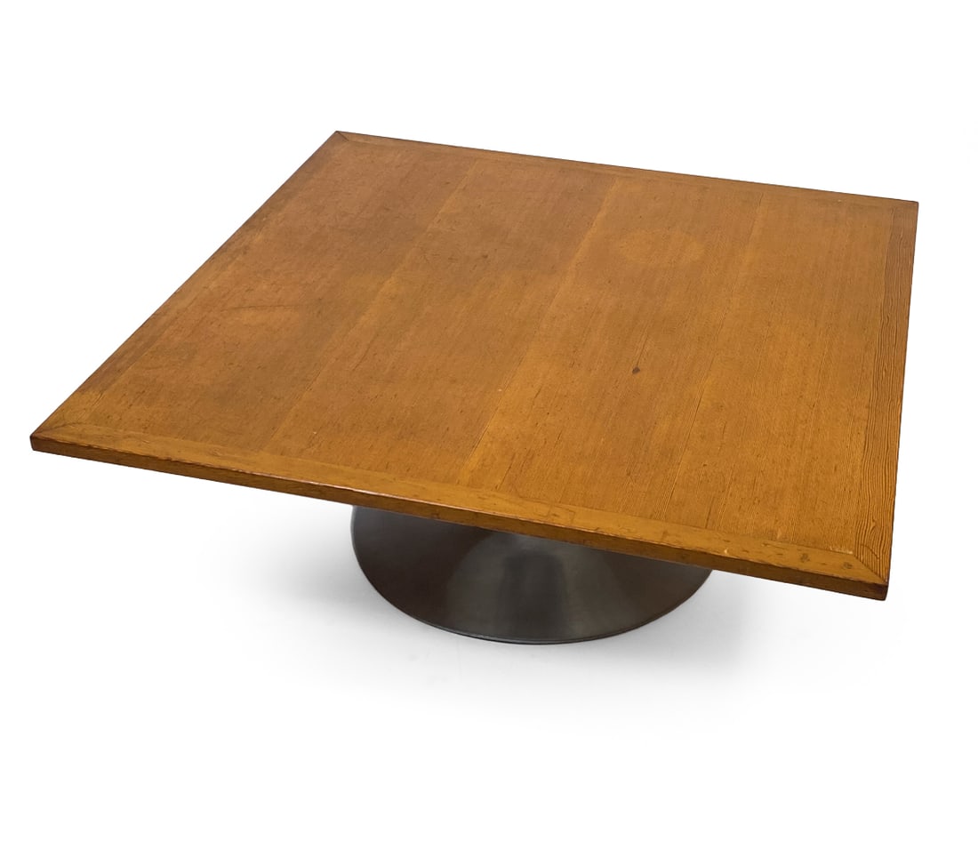 JOHANSON STYLE SWEDISH OAK COFFEE TABLE C. 1960S: Oak table with square top and pedestal metal base. Sweden, circa 1960s. Dimensions: H 15" x W 38.5" x D 38.5". Condition: Showing signs of wear consistent with age and use, including scratches and scu