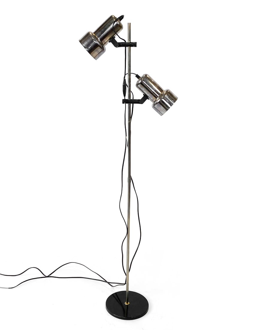 FRANDSEN DANISH 2-LIGHT FLOOR LAMP C. 1970S: (2) Adjustable lamp heads. Steel stand with cast iron base. Marked under the base. Denmark, circa 1970s. Dimensions: H 57" x Dia. 8". Condition: Wiring untested, European plugs. Scuffs and scratches,