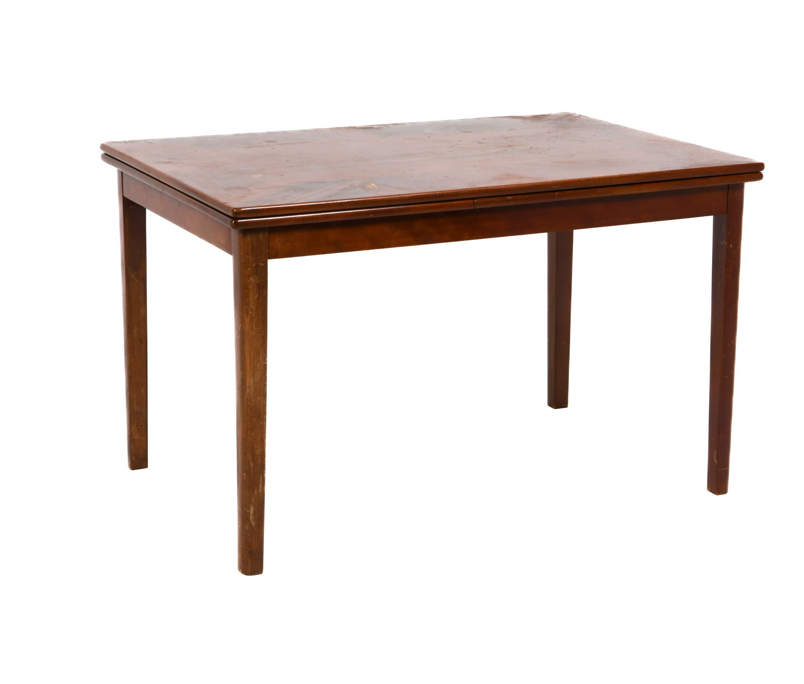 SLAGELSE DANISH MAHOGANY DINING TABLE C. 1950S: Danish extending dining table. (2) Leaves included, stored within table. Marked and dated underneath. Denmark, circa 1950s. Dimensions: H 30.5" x W 50" x D 33". Leaves W 20.5". Condition: Scratches an