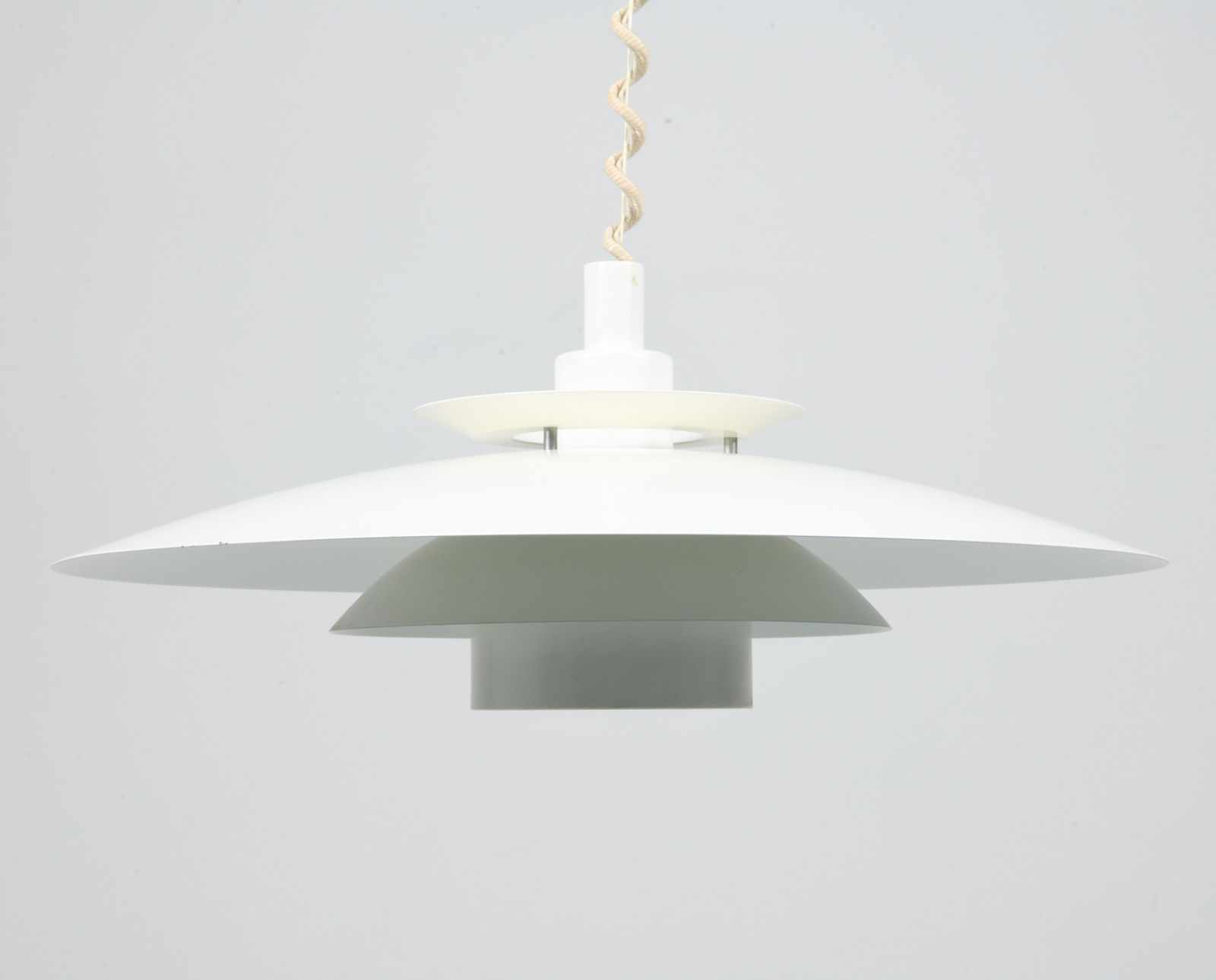 DANISH SPACE AGE RISE & FALL PENDANT LIGHT: Steel pendant light with rise and fall function for height adjustment. Denmark, circa 1970s. Dimensions: H 8" x Dia. 20". Max L 41". Condition: Wear consistent with age and use. Wiring untested.
