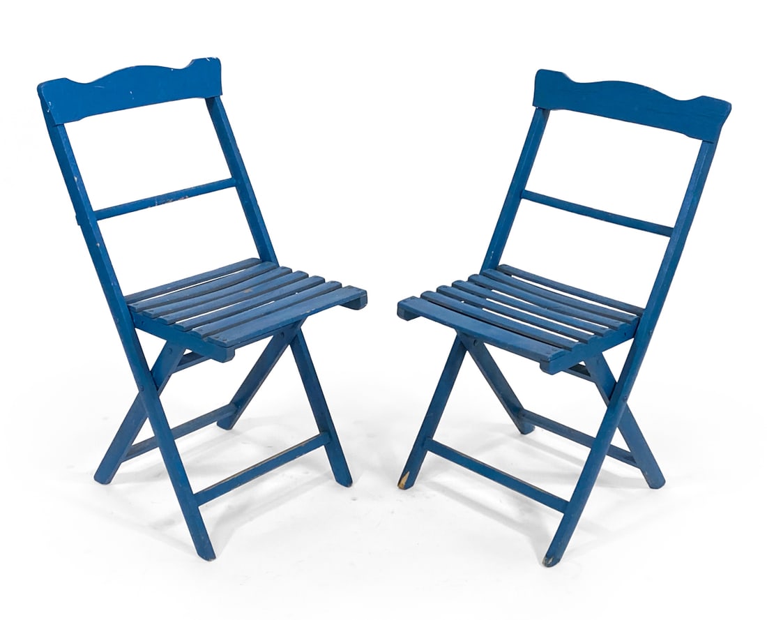 PAIR OF SCANDINAVIAN PAINTED FOLDING CHAIRS 1960S: (2) Wooden folding chairs in blue painted finish. Scandinavian, circa 1960s. Dimensions: H 35" x W 16.5" x W 21" x SH 19". Condition: Scuffs and rubs to painted finish. Nicks and dings to frame. Wear 