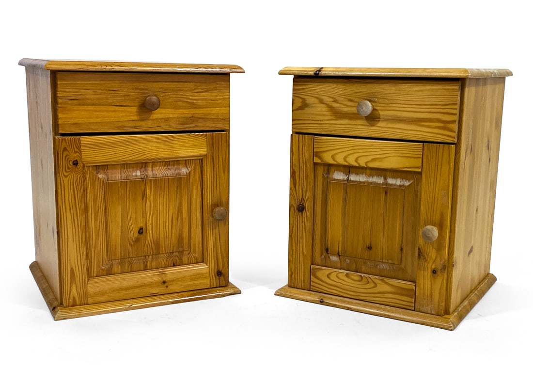 PAIR OF SWEDISH PINE NIGHTSTANDS C. 1970S: Pine frame with top drawer and storage section. Sweden, circa 1970s. Dimensions: H 20.5" x W 16.5" x D 15.75" Condition: Showing signs of wear including rubs, scratches and losses. Discoloration and s