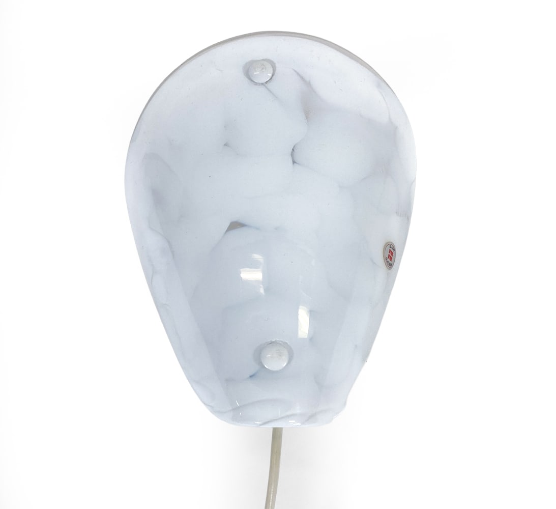 EL-LIGHT GLAS DESIGN MARBLED GLASS WALL SCONCE: Tagged to shade. Denmark, circa 1960s. Dimensions: H 8" x W 7" x D 4.75". Condition: Wiring untested, European plug. Wear consistent with age and use.