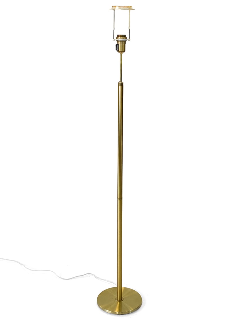 DANISH BRASS FLOOR LAMP C. 1970S: Dimensions: H 57" x Dia. 9". Condition: Wiring untested, European plug. Minor scratches. Wear consistent with age and use.