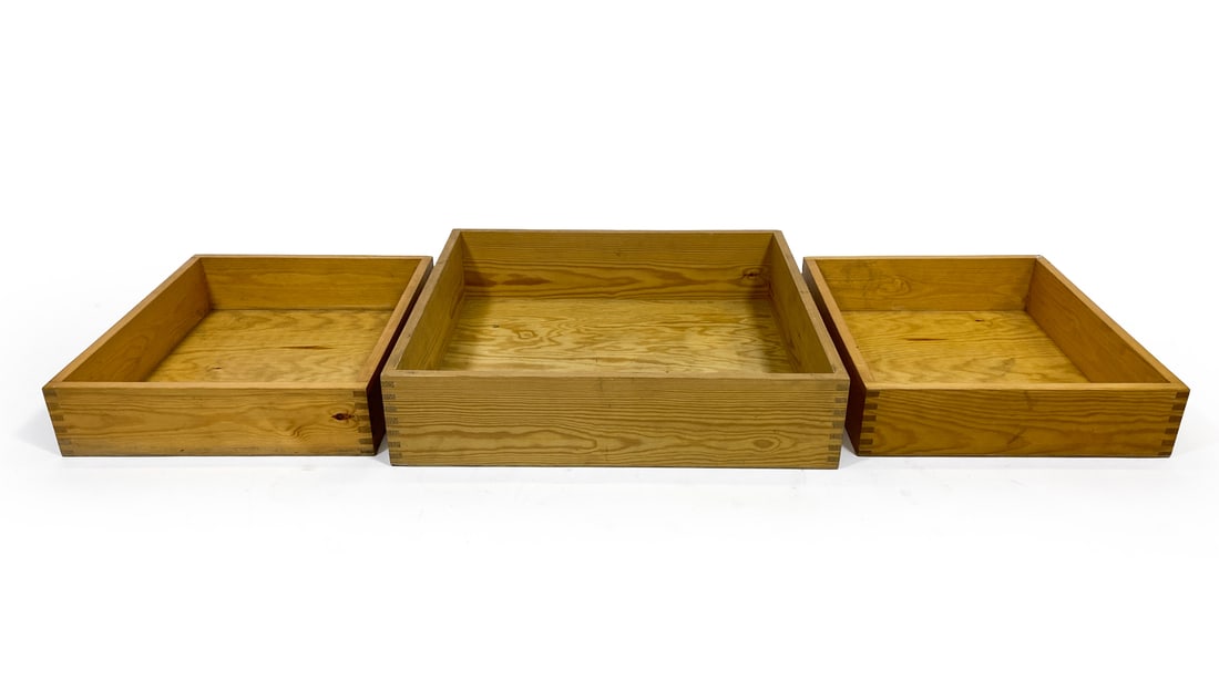 SCANDINAVIAN PINE TRAY GROUPING C. 1970S: (3) Pine desk trays with box joints. Scandinavian, circa 1970s. Dimensions: Largest H 5" x W 21" x D 21". Condition: Minor scuffs and rubs, wear consistent with age and use.