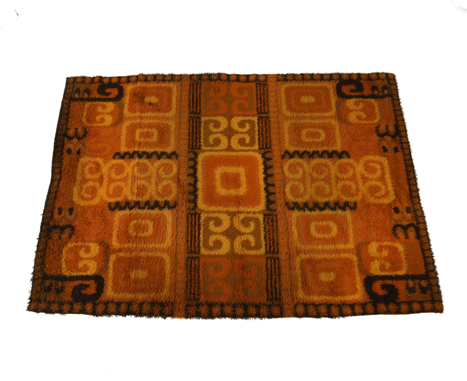 RYA DANISH ABSTRACT SHAG WOOL RUG C. 1970S: Shag wool right with colorful abstract designs. Denmark, circa 1970s. Dimensions: W 103" x L 72". Condition: Slight fading and flattening. Wear consistent with age and use.