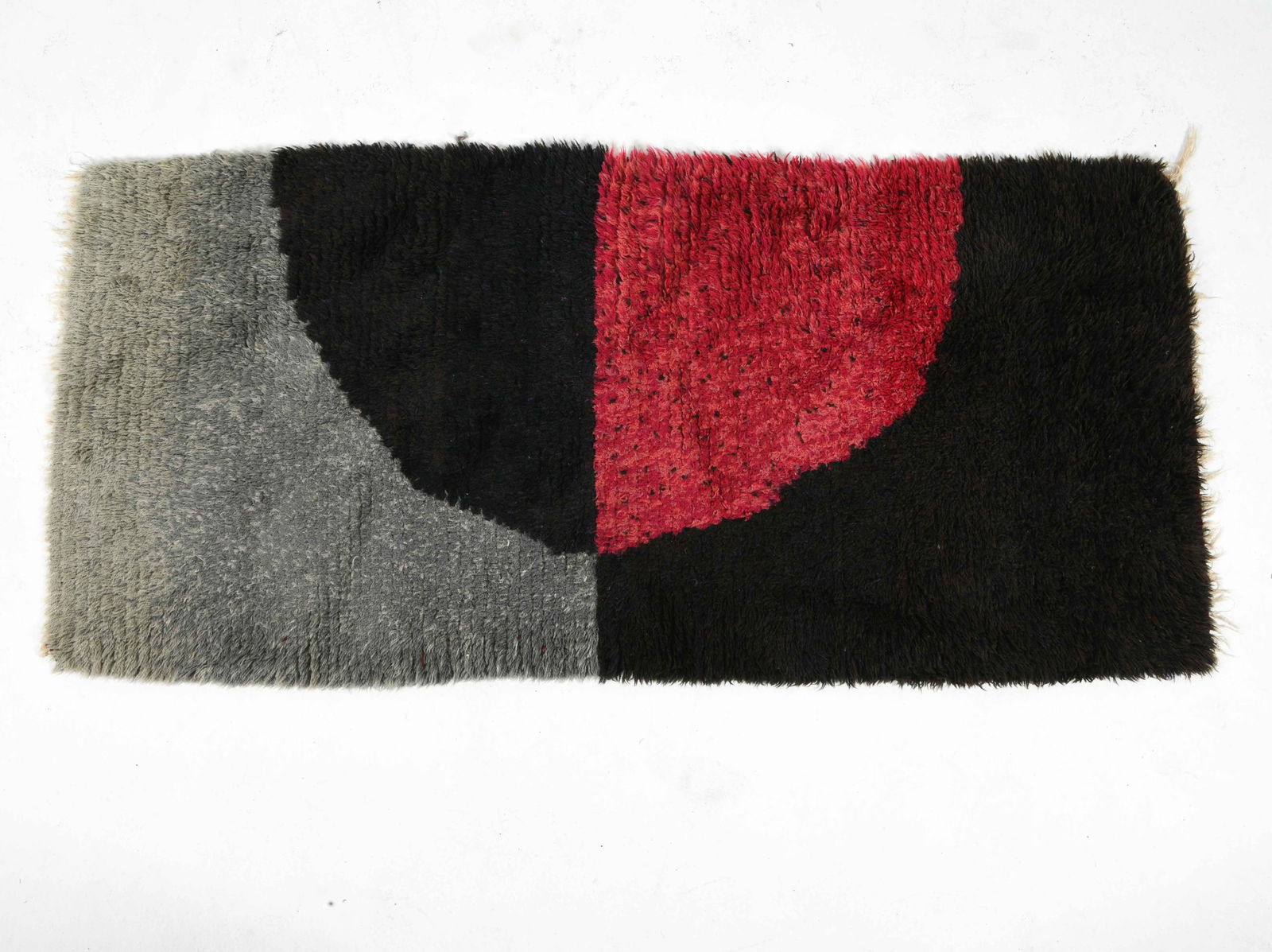 DANISH ABSTRACT PATTERN WOOL RUG C. 1970S: Wool rug with colorful abstract design. Denmark, circa 1970s. Dimensions: W 68" x L 30.5". Condition: Wear consistent with age and use.