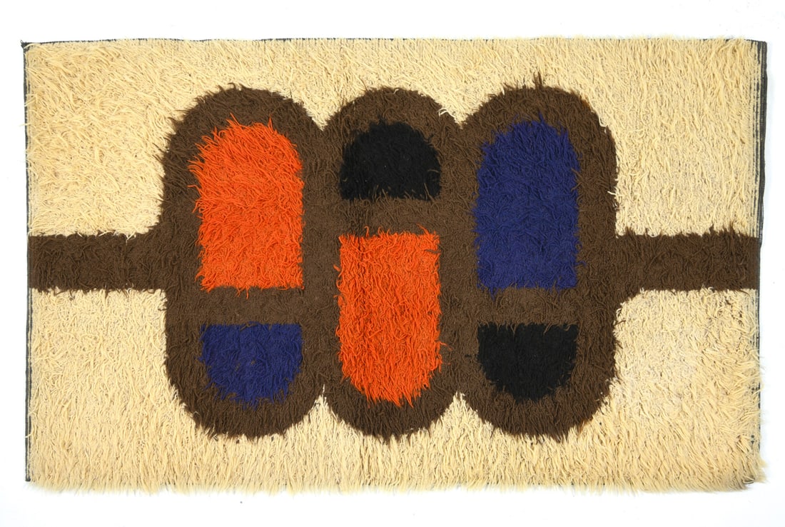 IB ANTONI SHAG WOOL 'BRASILIA' RUG: For Egetaepper. Shag wool with abstract design. Denmark, circa 1970s. Dimensions: W 63" x W 38". Condition: Slight fading and discoloration. Wear consistent with age and use.