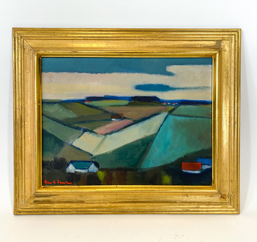 ARNE A HANSEN (1921-2009) ABSTRACT LANDSCAPE O/C: Signed to lower left corner, information about artist on back. Landscape showing farmland crops in distance. Oil on canvas. Denmark, mid 20th century. Dimensions: Frame H 17.5" x W 21.75". Canvas H 12