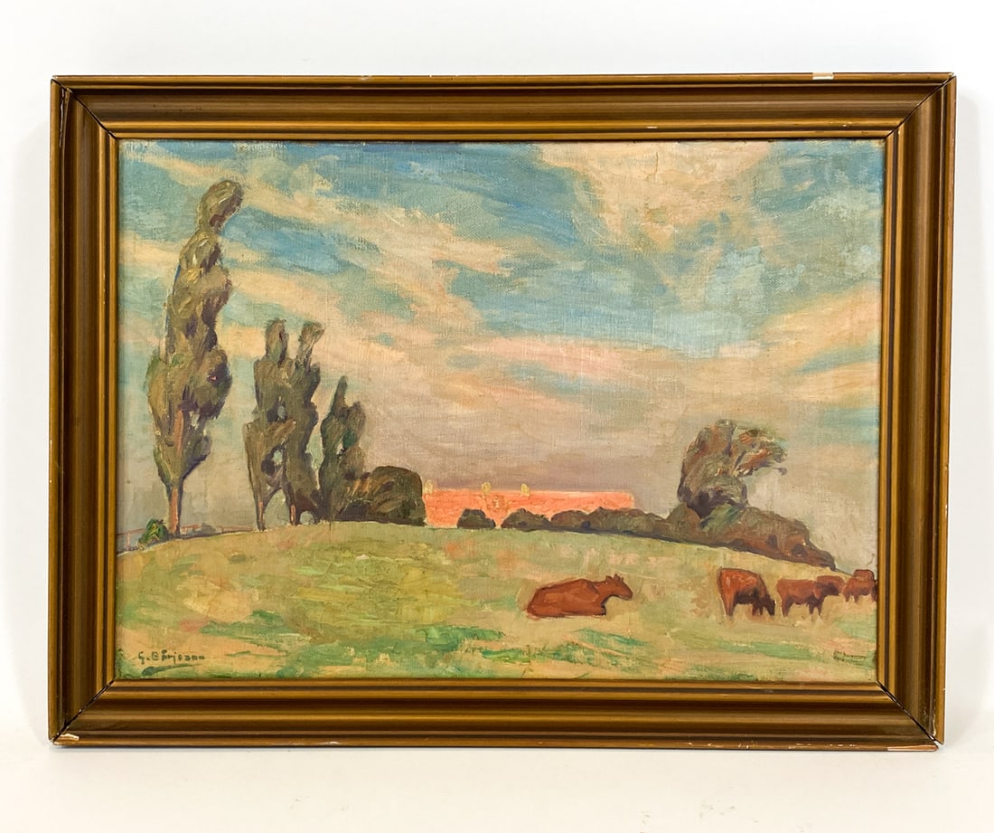 DANISH IMPRESSIONIST LANDSCAPE O/C 20TH C.: Signed to lower left corner. Landscape with field and cows. Oil on canvas. Mid 20th century. Dimensions: Frame H 16.5" x W 22.25". Canvas H 14.5" x W 19.5". Condition: Chips to frame. Wear consistent