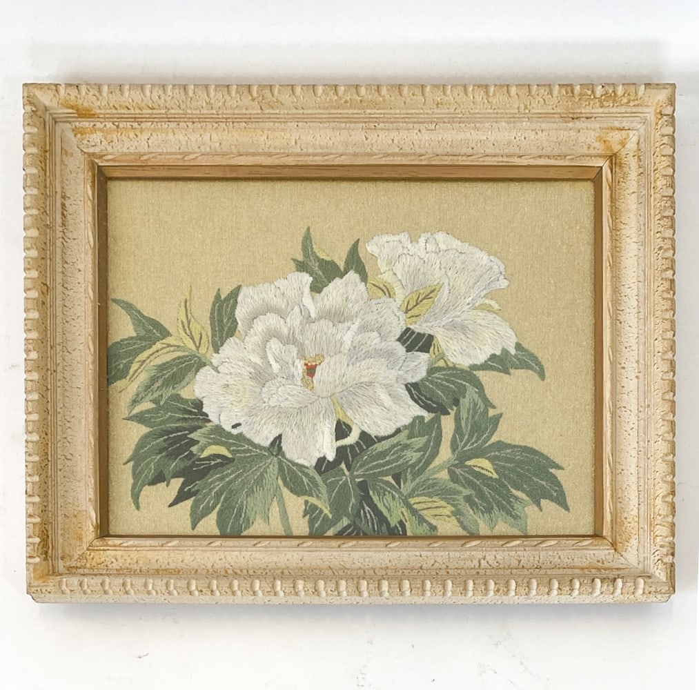 EMBROIDERY OF FLOWERS: Signed or titled indistinctly on back to fabric edge. Fabric embroidery on glittery background. 20th century. Dimensions: Frame H 20" x W 24". Sight H 14.5" x W 18.25". Condition: Not examined out of