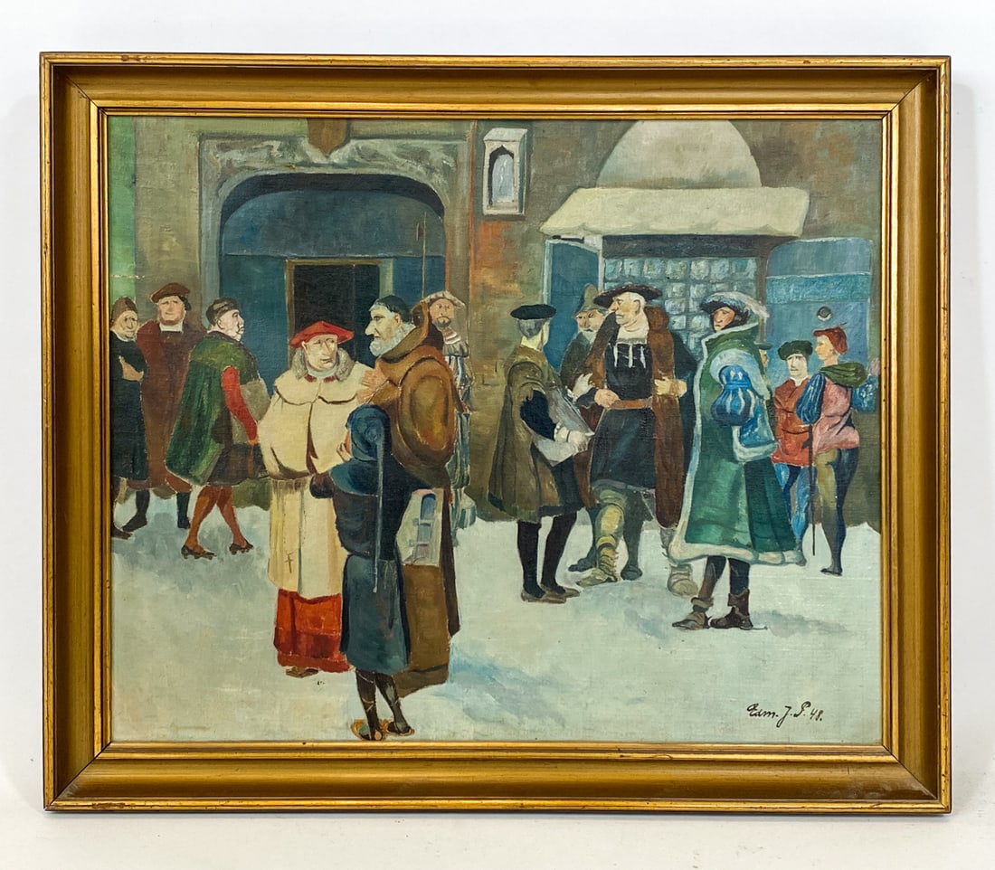 SCANDINAVIAN STREET SCENE O/C C. 1948: Signed and dated to lower right corner, 1948. Street scene with figures in coats. Oil on canvas. Dimensions: Frame H 24" x W 28". Canvas H 21" x W 25.5". Condition: Few dings to frame, wear