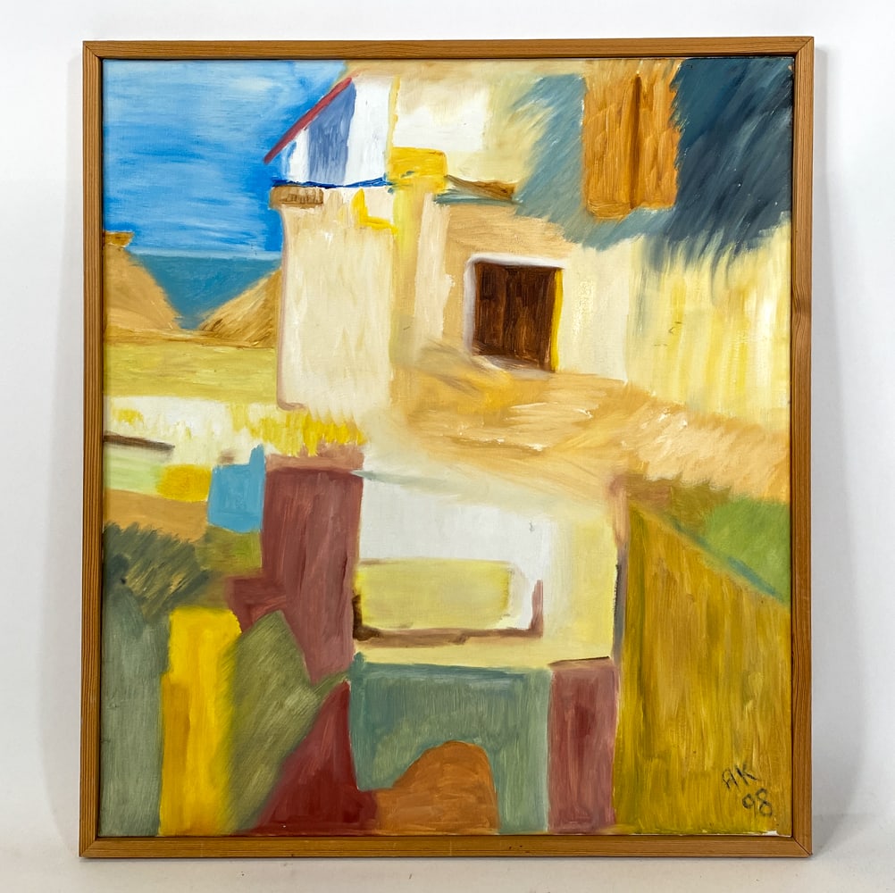 ANNE KROG (20TH C.) ABSTRACT HOUSE A/C: Signed to lower right, and tagged to back. Abstract depiction of house. Acrylic on canvas. Dated 1998. Dimensions: Frame H 30.5" x W 27". Canvas H 29" x W 26". Condition: Few minor dents to canvas.