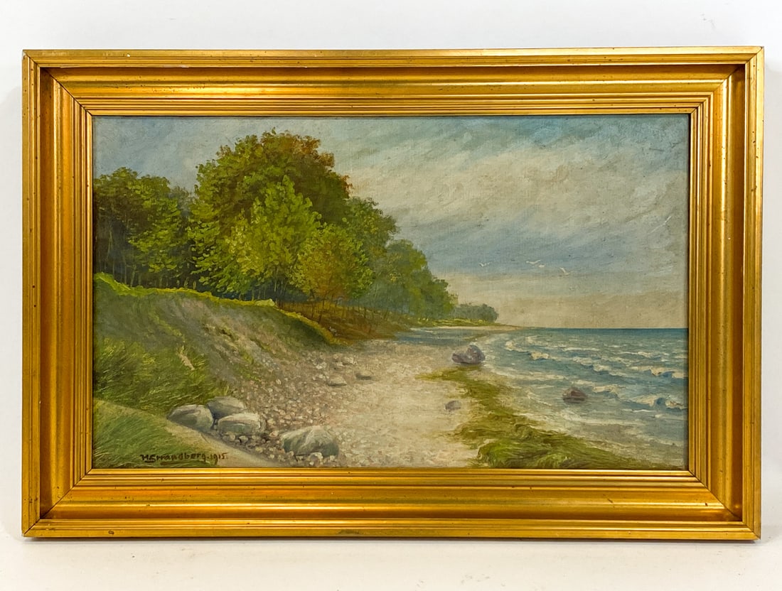 DANISH SHORELINE LANDSCAPE O/C C. 1915: Signed to lower left corner, dated 1915. Shoreline landscape with forest in background. Oil on canvas. Dimensions: Frame H 15.75" x W 24". Canvas H 12" x W 20". Condition: Chips to frame, minor