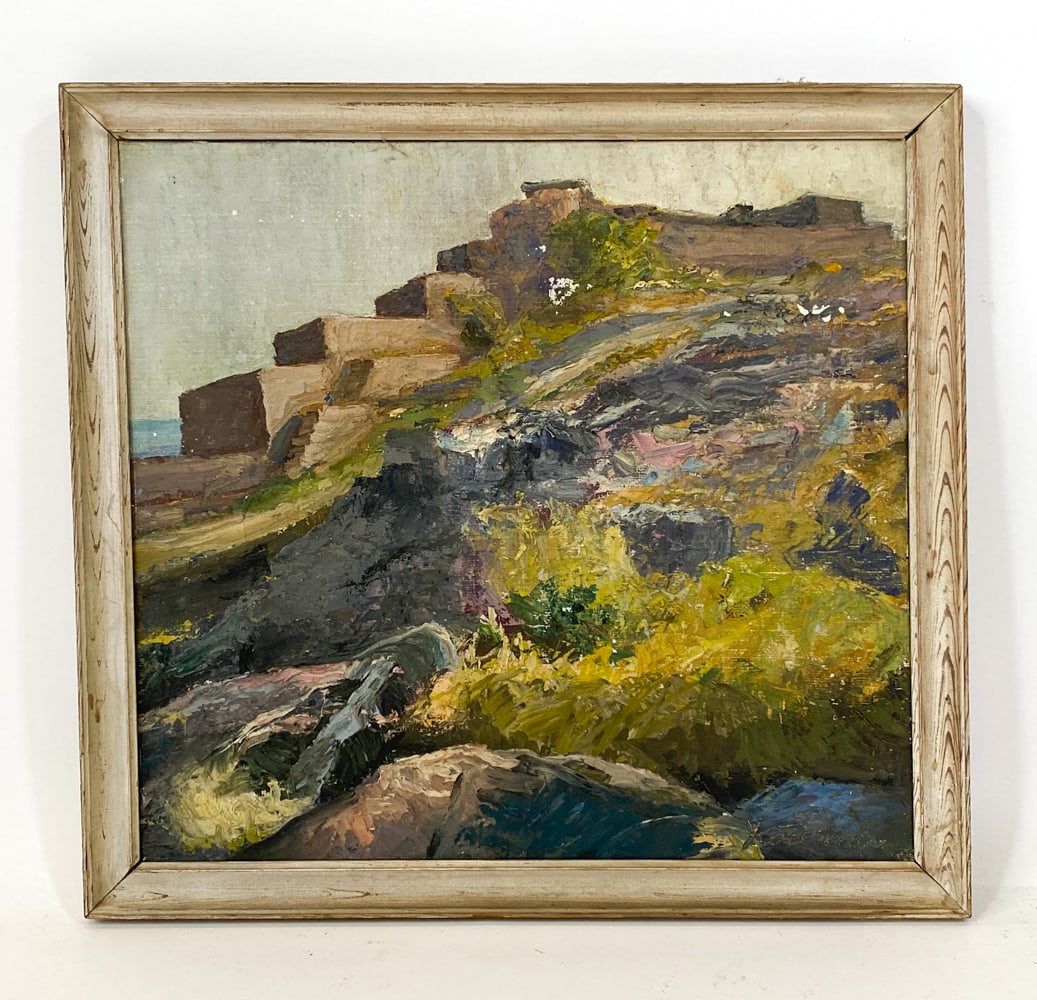 MID-20TH CENTURY SCANDINAVIAN LANDSCAPE O/C: Signed indistinctly to lower right corner. Landscape with stone structure in background. Oil on canvas. Mid 20th century. Dimensions: Frame H 22.5" x W 24". Canvas H 20" x W 21.5". Condition: Few chip