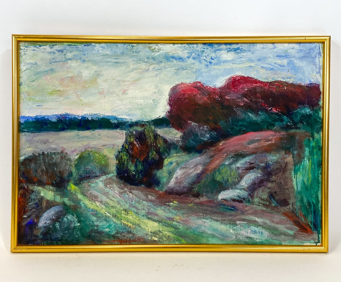 DANISH LANDSCAPE O/C: Possible artist name on back, signed indistinctly to lower right corner. Oil on canvas. 20th century. Dimensions: Frame H 20" x W 28.75". Canvas H 18.75" x W 28". Condition: Few minor scuffs to