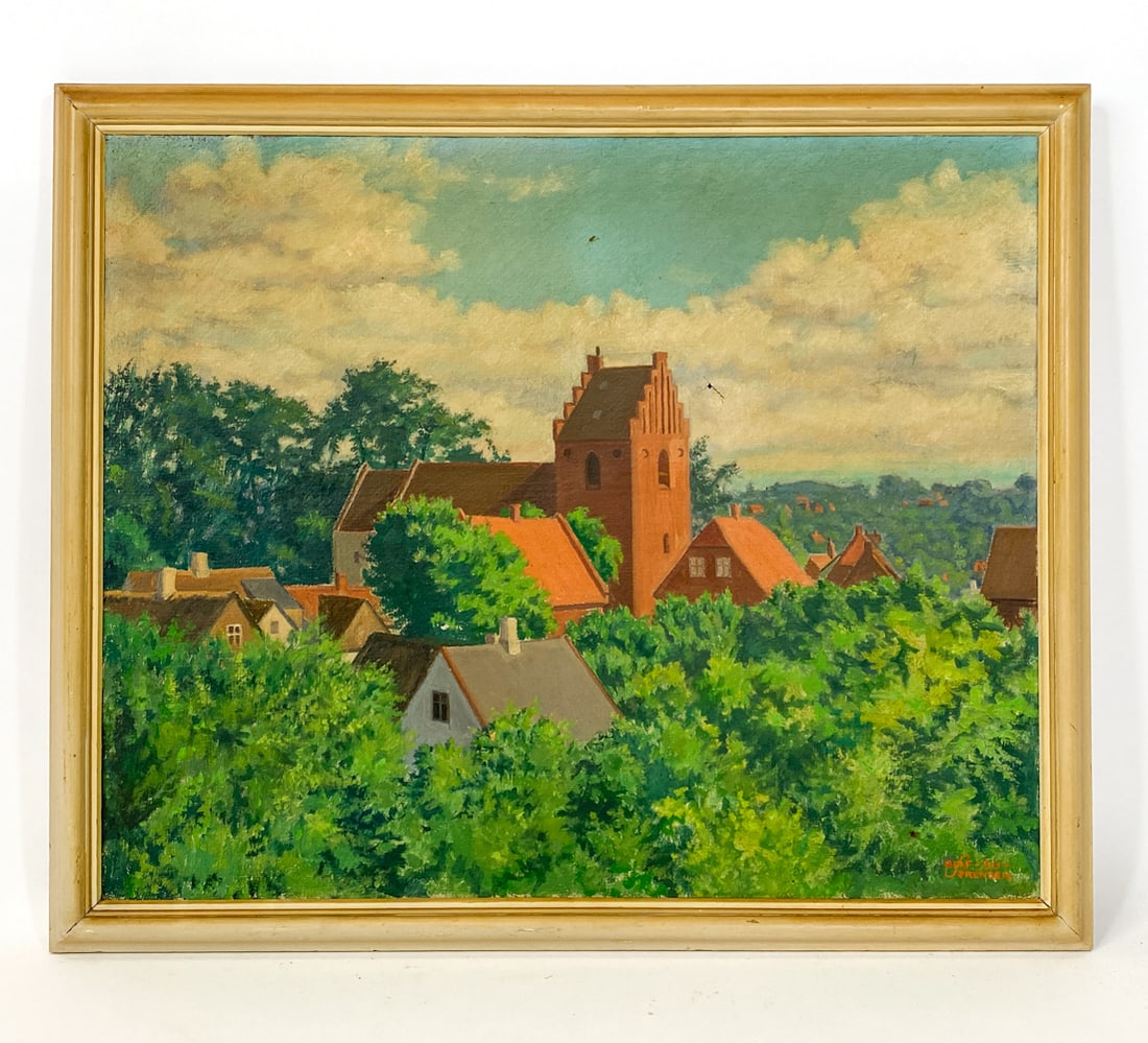OLAF SORENSEN (20TH C.) LANDSCAPE O/C 1950: Signed and dated to lower right corner, 1950. Landscape with tree tops and village roofs. Oil on canvas. Dimensions: Frame H 28.5" x W 33". Canvas H 25.5" x W 31". Condition: Tear to canvas in