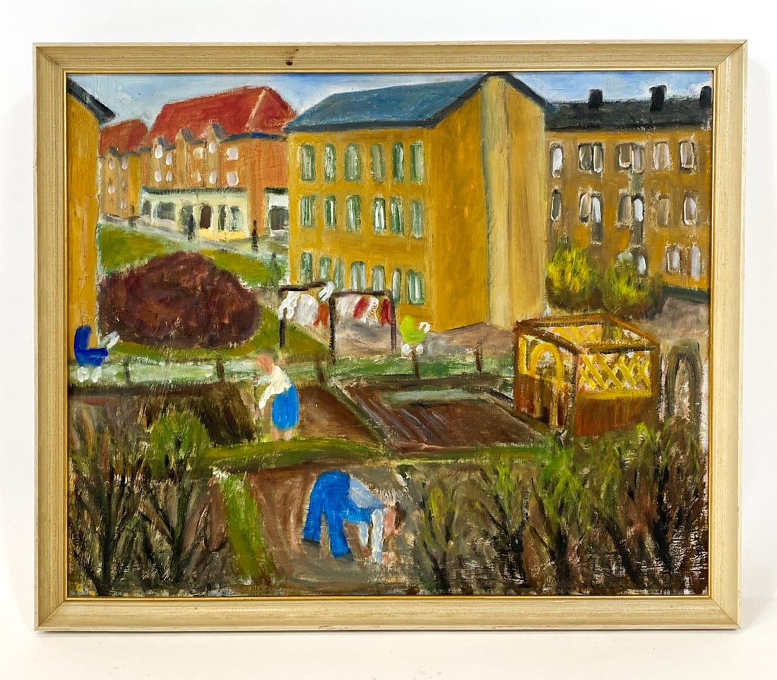 DANISH 20TH C. FOLK ART TOWN SCENE O/C: Signed and dated on back, 1958. Town scene with farm and figures at work. Oil on canvas. Dimensions: Frame H 19.25" x W 23.25". Canvas H 18" x W 22". Condition: Minor scuffs to frame, wear consistent