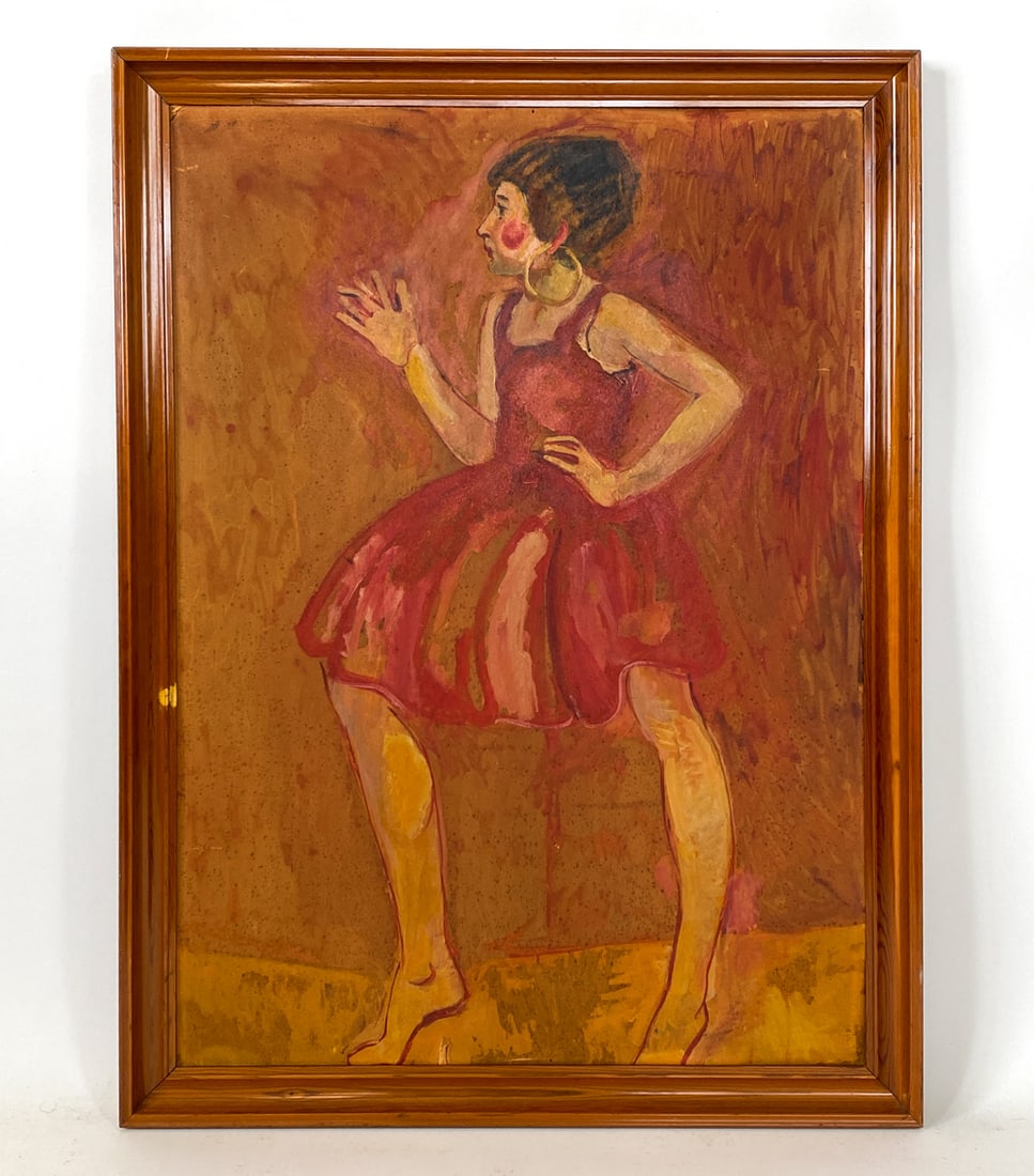 WATERCOLOR PORTRAIT OF DANCER: Apparently unsigned. Portrait of a dancer in a red dress. Watercolor on board. Mid 20th century. Dimensions: Frame H 41.5" x W 30.5". Board H 31.5" x W 27". Condition: Slight warping to board, few