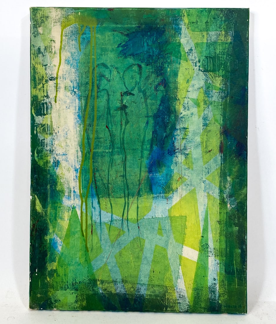 STEENBERG (20TH C.) ABSTRACT FIGURES A/C: Signed and dated to lower right corner, 2004. Abstract green field with figures in center. Acrylic on canvas. Dimensions: H 28" x W 20". Condition: Minor scuffs to edges.