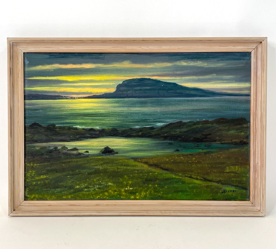 DANISH LANDSCAPE O/C 20TH CENTURY: Signed and dated to lower right corner, 1971. Landscape with lake and mountain in background. Oil on canvas. Dimensions: Frame H 23" x W 33.5". Canvas H 20" x W 29.75". Condition: Few small chips to