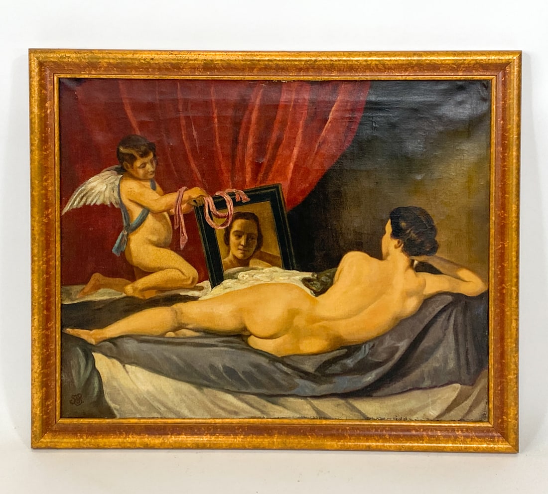 AFTER DIEGO VALAZQUEZ 'THE TOILET OF VENUS' O/C: Reproduction of 'The Toilet of Venus' by Diego Velazquez, depicting Venus and her son Cupid. Signature of artist to lower left corner. Oil on canvas. Early 20th century. Dimensions: Frame H 30" x W 35